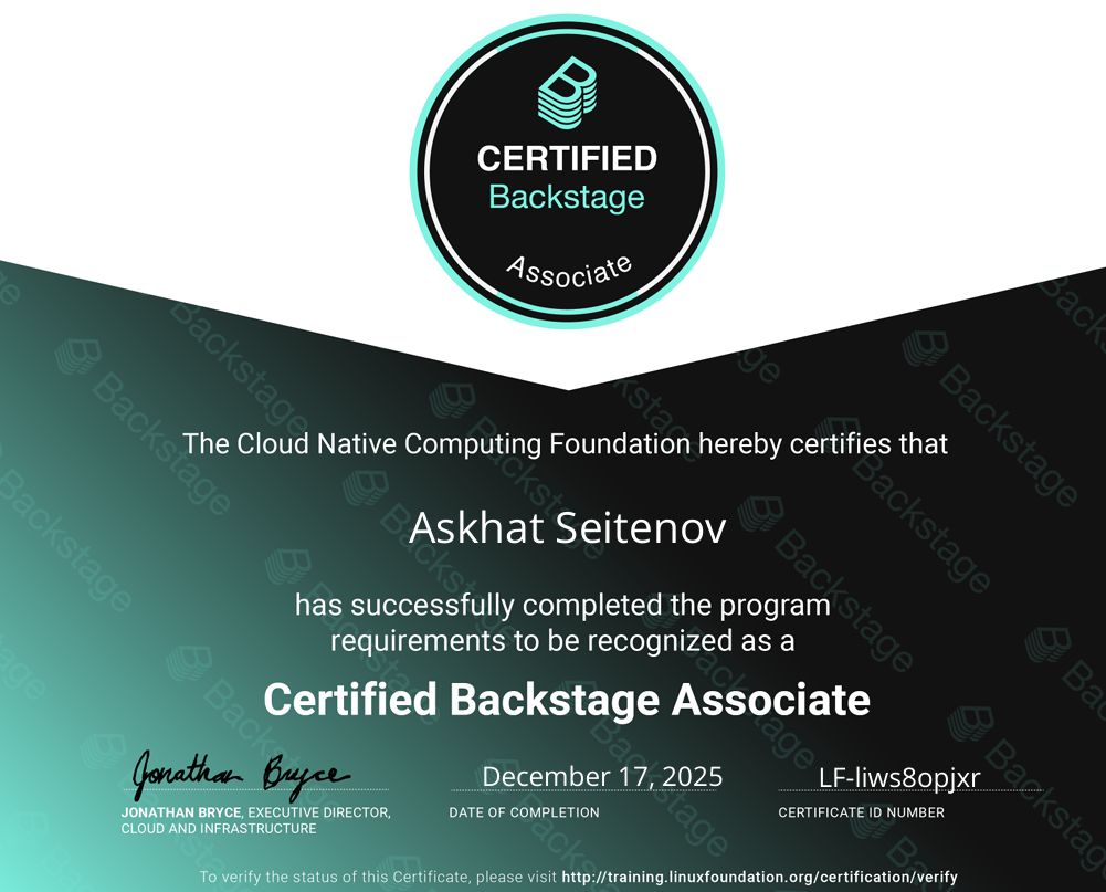 Certified Backstage Associate certificate issued to Askhat Seitenov by the CNCF, 17 December 2025