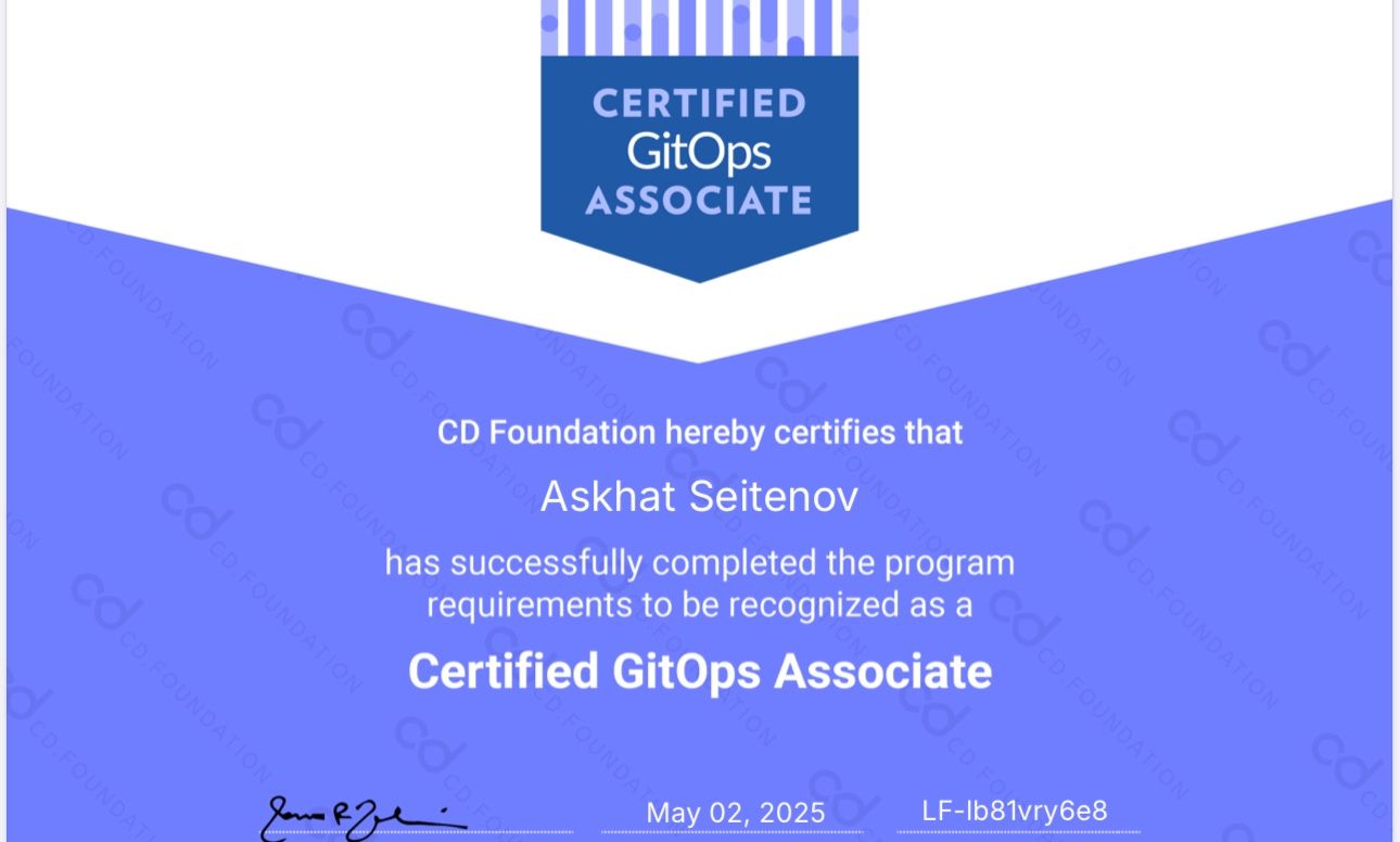 Certified GitOps Associate certificate issued to Askhat Seitenov by the CD Foundation, 2 May 2025