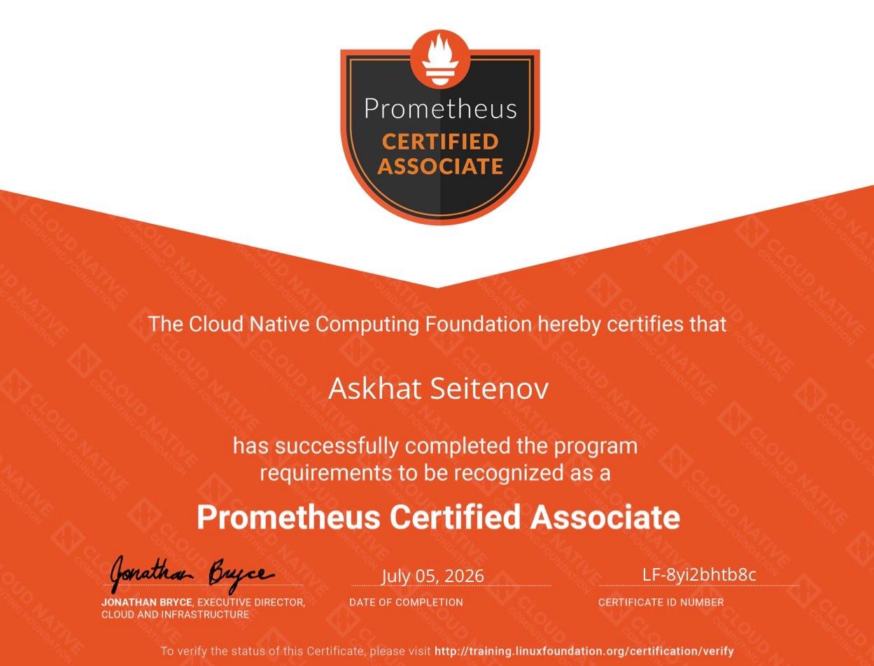 Prometheus Certified Associate certificate issued to Askhat Seitenov by the CNCF, 5 July 2026