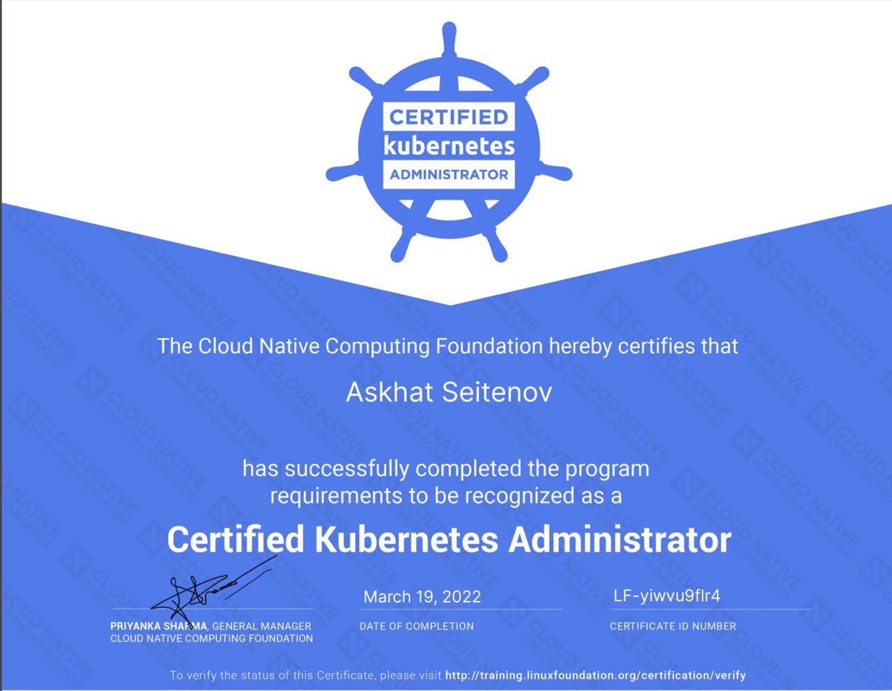 Certified Kubernetes Administrator certificate issued to Askhat Seitenov by the CNCF, 19 March 2022