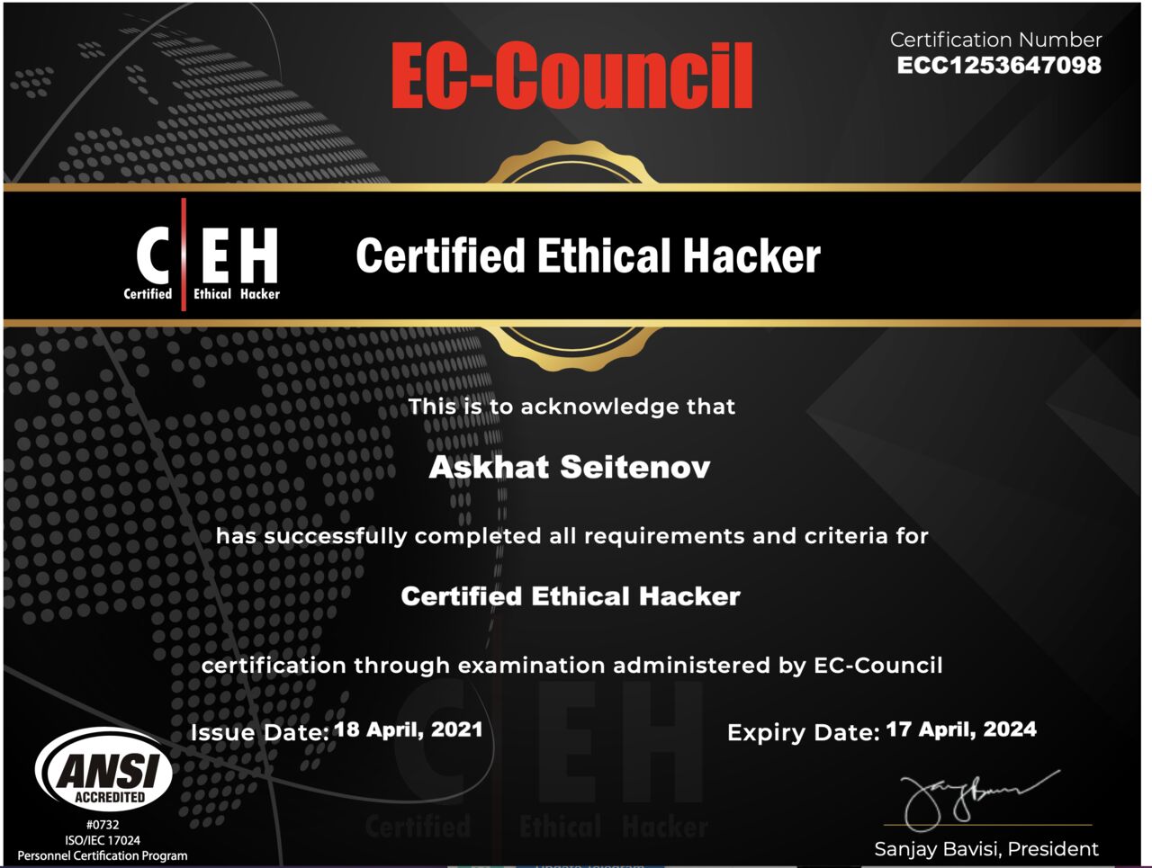 EC-Council Certified Ethical Hacker certificate issued to Askhat Seitenov, 18 April 2021