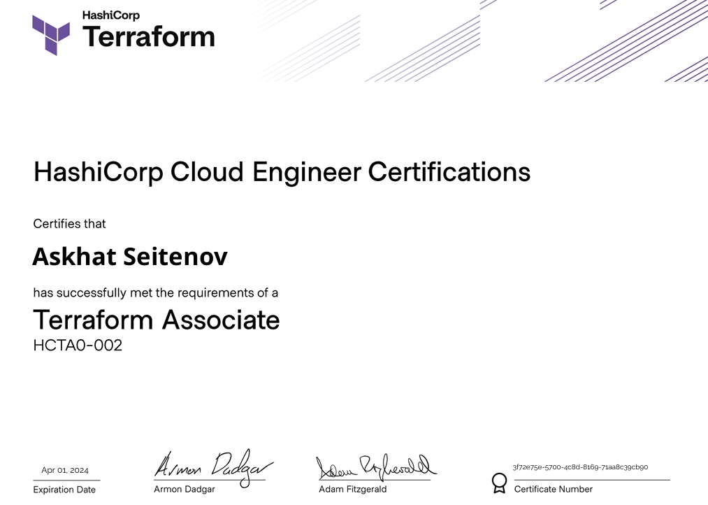 HashiCorp Certified Terraform Associate certificate issued to Askhat Seitenov