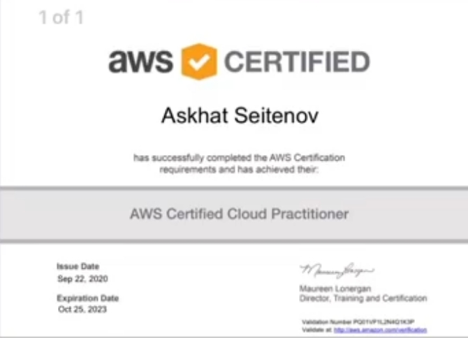 AWS Certified Cloud Practitioner certificate issued to Askhat Seitenov, 22 September 2020