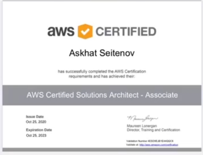 AWS Certified Solutions Architect Associate certificate issued to Askhat Seitenov, 25 October 2020