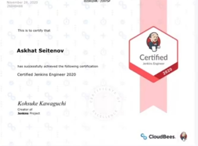 Certified Jenkins Engineer 2020 certificate issued to Askhat Seitenov by CloudBees, 28 November 2020