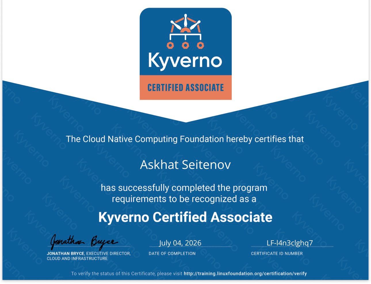 Kyverno Certified Associate certificate issued to Askhat Seitenov by the CNCF, 4 July 2026