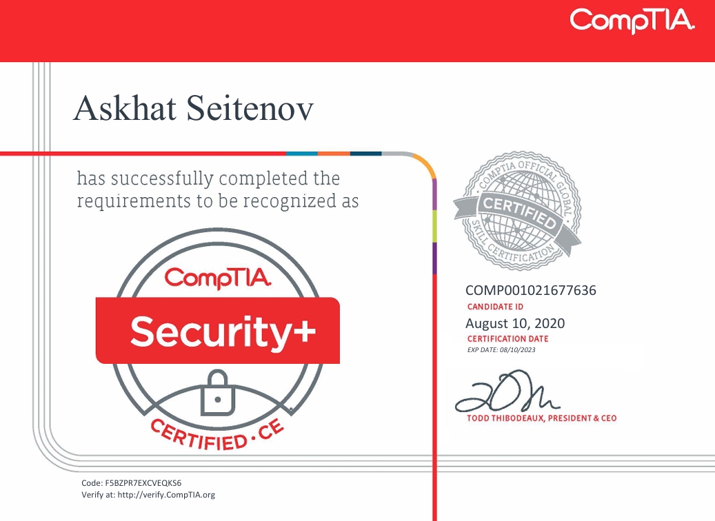 CompTIA Security+ ce certificate issued to Askhat Seitenov, 10 August 2020