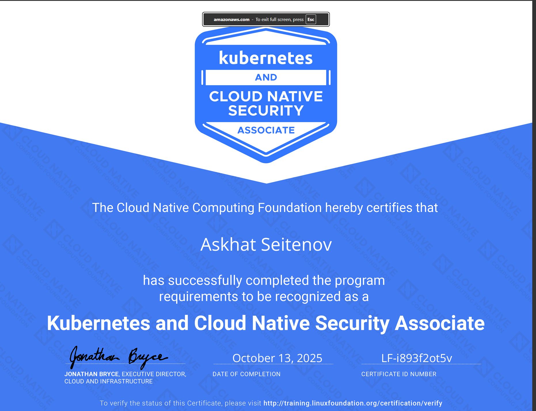 Kubernetes and Cloud Native Security Associate certificate issued to Askhat Seitenov by the CNCF, 13 October 2025