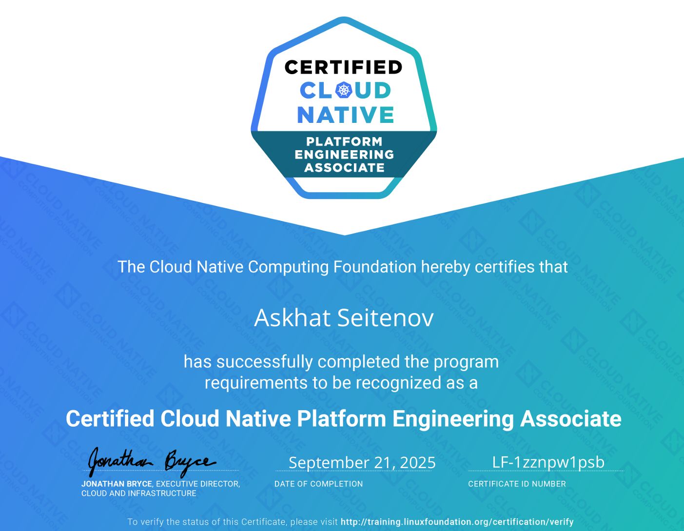 Certified Cloud Native Platform Engineering Associate certificate issued to Askhat Seitenov by the CNCF, 21 September 2025