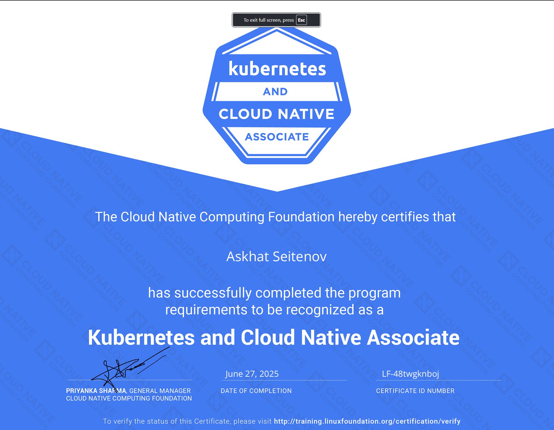 Kubernetes and Cloud Native Associate certificate issued to Askhat Seitenov by the CNCF, 27 June 2025