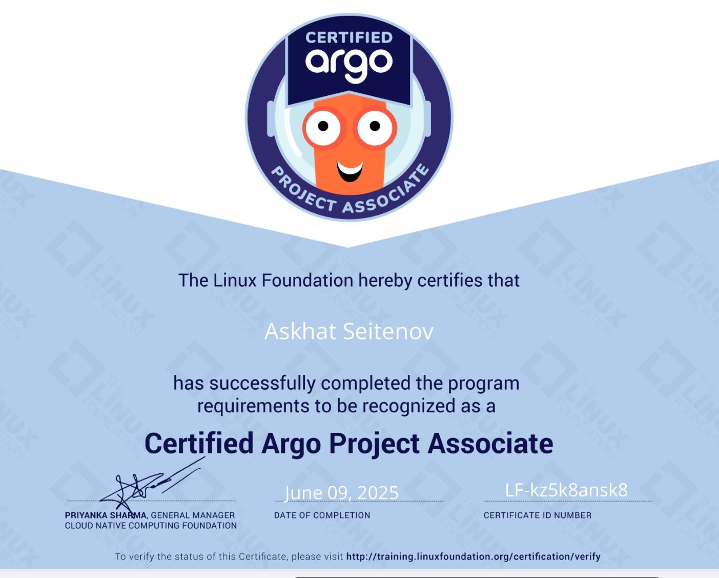 Certified Argo Project Associate certificate issued to Askhat Seitenov by the Linux Foundation, 9 June 2025