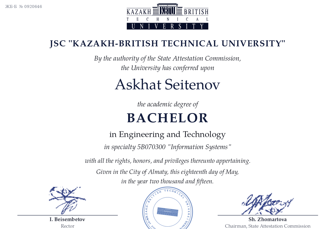 Bachelor of Engineering and Technology in Information Systems, Kazakh-British Technical University, conferred on Askhat Seitenov, 18 May 2015