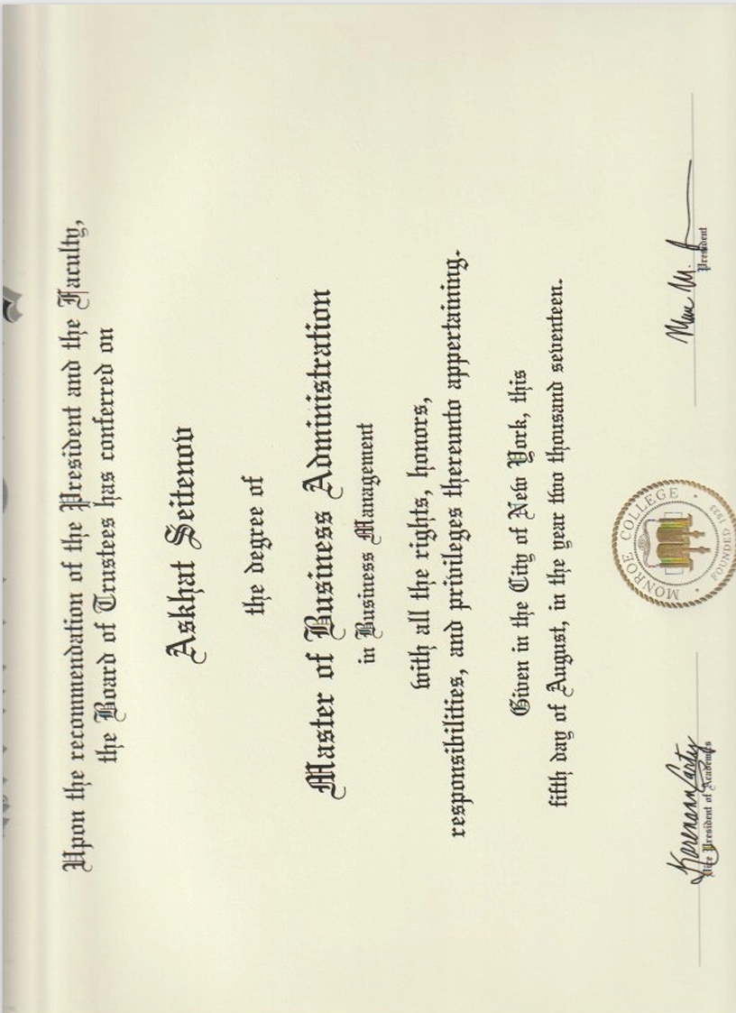 Master of Business Administration in Business Management, Monroe College, New York, conferred on Askhat Seitenov, 5 August 2017