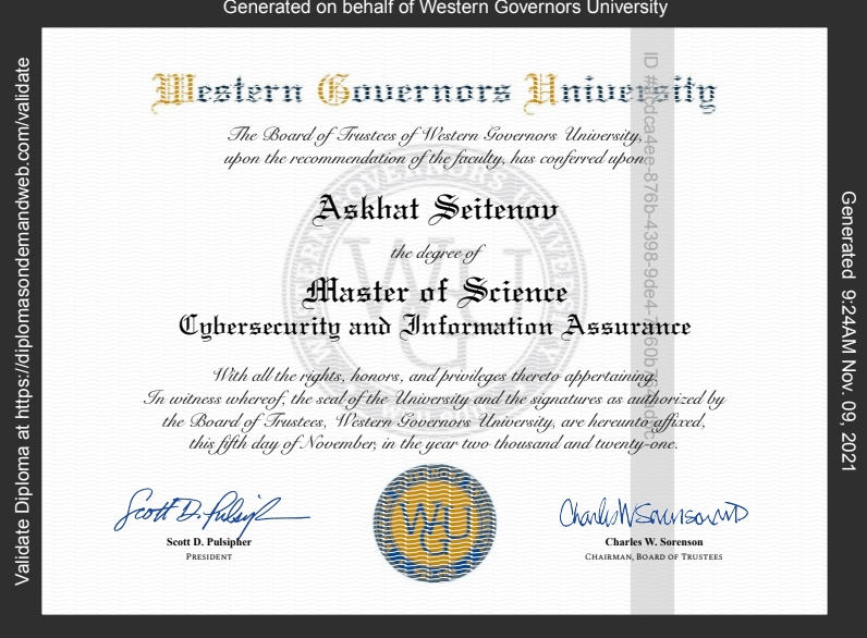 Master of Science in Cybersecurity and Information Assurance, Western Governors University, conferred on Askhat Seitenov, 5 November 2021